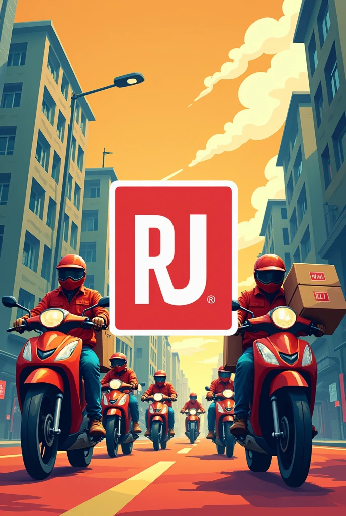 Logo written RJ and motorcyclists and delivery men in the background