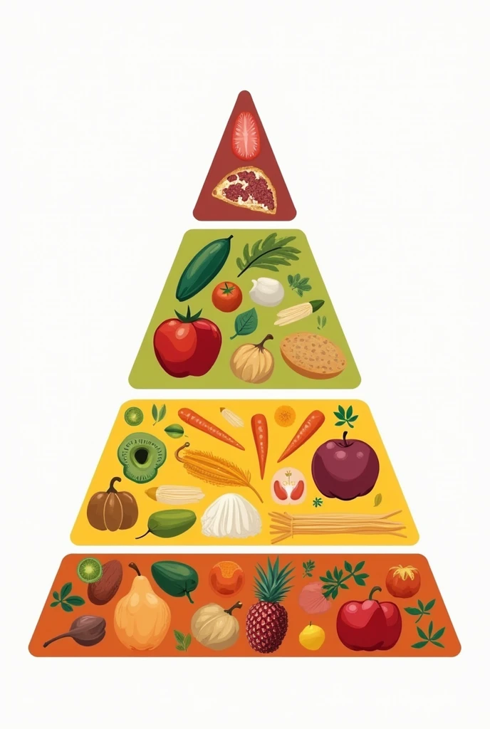 1. Traditional Peruvian Food Pyramid Structure:
base (Grains and Tubers): Includes foods such as rice, corn, table, Yucca, and quinoa. These are the main source of carbohydrates and energy..
Second Level (legumes, Fruits and vegetables): A variety of legumes is recommended, fruits and vegetables to get vitamins, minerals and fiber.
Third Level (Proteins): Lean meats, fish, eggs and dairy products. These sources provide essential proteins for growth and repair..
Up (Fats and Sugars): It should be consumed in smaller quantities, preferably healthy fats and natural sugars.
generates the image of this food pyramid, Do it in Spanish and make it as clear and understandable as possible..