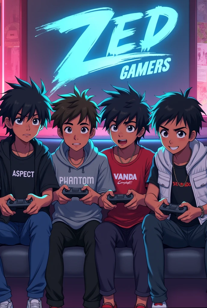 4 teenage boys,all 4 boys black skinned, all wearing black skin jeans,one boy with a black t-shirt written ASPECT on it ,one boy in a grey hoodie written PHANTOM on it ,one boy with a red t-shirt written VANDA on it,one boy with a white vest written EVOLUTION on it,all boys with different hair styles ,a big poster saying Z.E.D GAMERS, each one holding game controllers, anime style