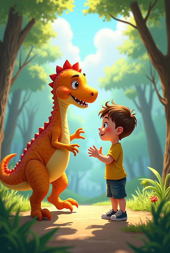 The dinosaur starts dancing and the boy is confused!
