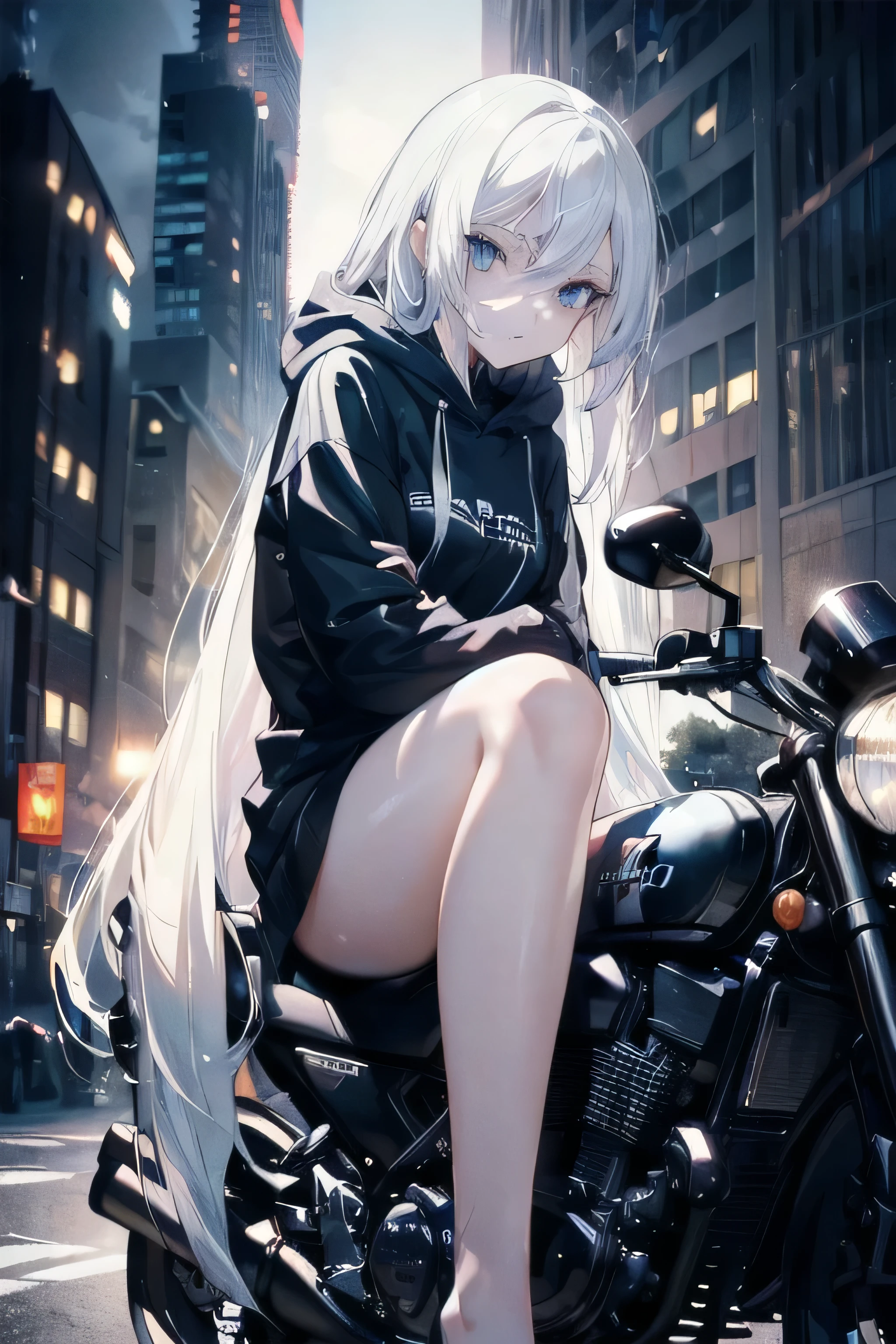 ((masterpiece)), ((best quality)), ((best illustration)), ((ultra-detailed)),((photorealistic color)), 1 lady, solo, teenager, absurdly long hair, white hair, straight hair, ((blue eyes)), ((ultra detailed eyes)), ((ultra detailed face)), gloomy, hoodie, thin body, thin arms, long arms, urban, night, sitting on motorcycle, backlight