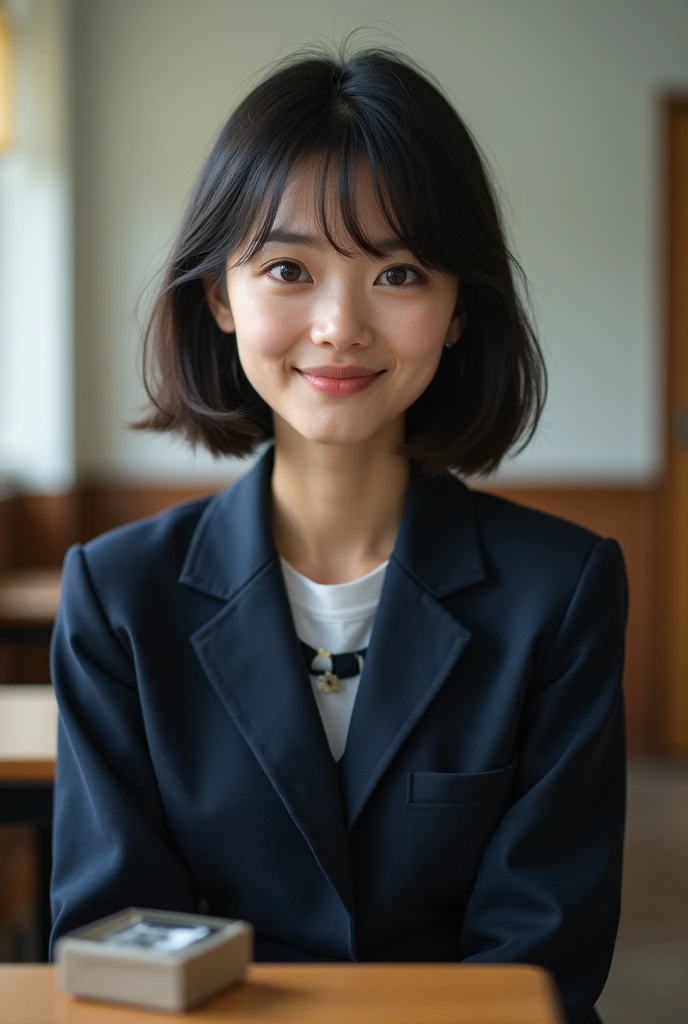 Highest quality, Face Focus, Soft Light, Ultra-high resolution, (Realistic:1.4), RAW Photos, 1 Japan, alone, cute, (A shy smile:0.5), (Brown eyes, Light in your eyes), Beautiful face in every detail, (Small box),(High resolution detail of human skin texture), (Short Bob Hair), break, In the classroom,Navy uniform, Best, skirt