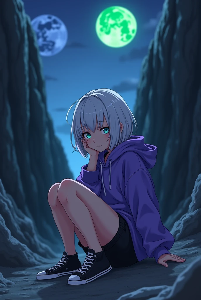 anime style, young adult woman, with blue right eye and green left eye, short white hair.
The image shows a melancholic aura.
sitting in a ravine.
He is wearing black shorts, an oversized purple hoodie and black tennis shoes.
In the background there are 2 moons( one blue and one green).