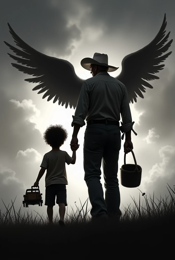 black and white silhouette, 7 year old boy, dark brown curly hair, He has a wooden truck in his hand. He takes his dad&#39;s hand, 70 years old, short hair, with a white cattle hat. Dad is levitating into the sky. The dad is an angel with wings on his back. Dad and son stand with their backs turned looking towards the horizon., dark fantasy