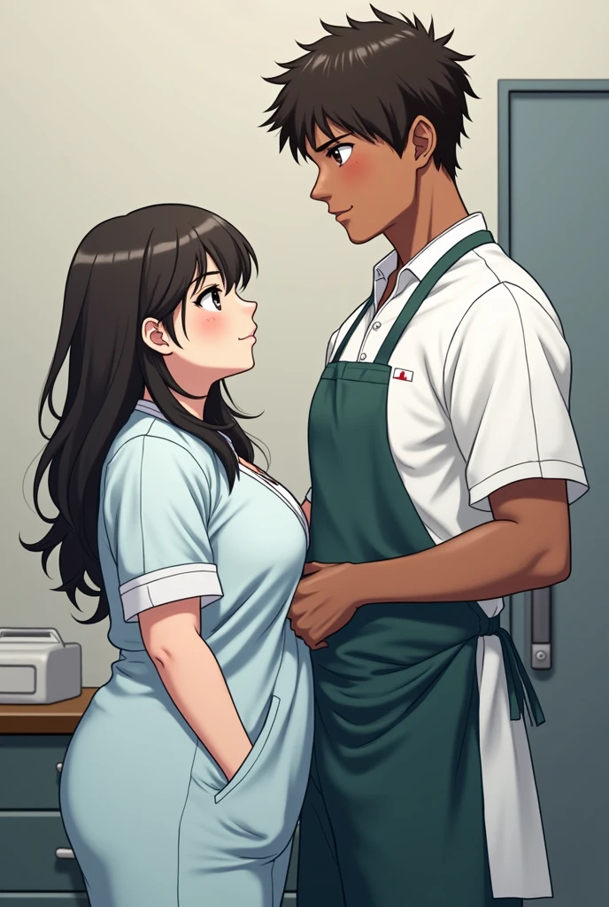 Gaby, chubby girl, White skin,Dark brown hair, He wears surgical uniform, tall and Marlen brown skin, vorgogne colored hair, slim, dressed like a chef, short love