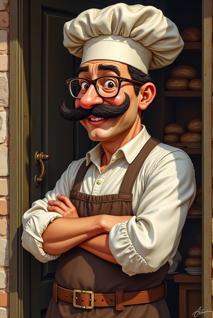 A drawing of an 1800's Italian baker with a mustache, baker's hat, Charismatic, friendly and natural Who wears glasses