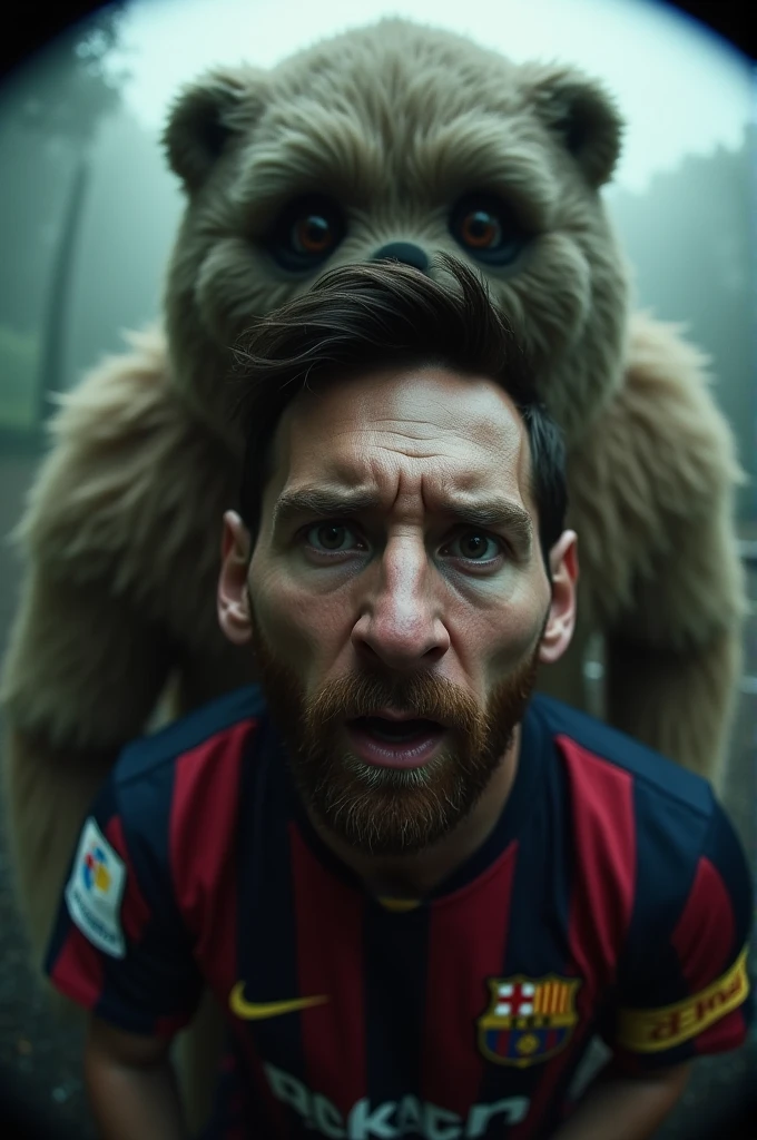 Messi scared looking at the camera with a person in a furry suit behind him with a fisheye