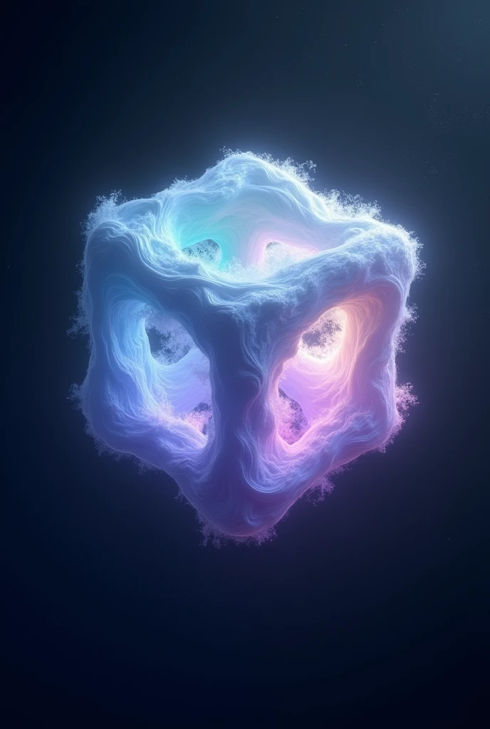 generate an image of a cube-shaped coma with blue colors, purple and white in a minimalist way 