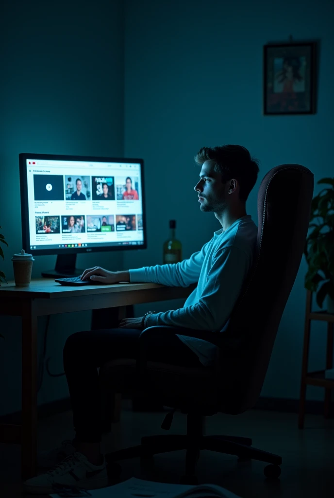 a guy sitting on a chair in a dark room with youtube open on the monitor