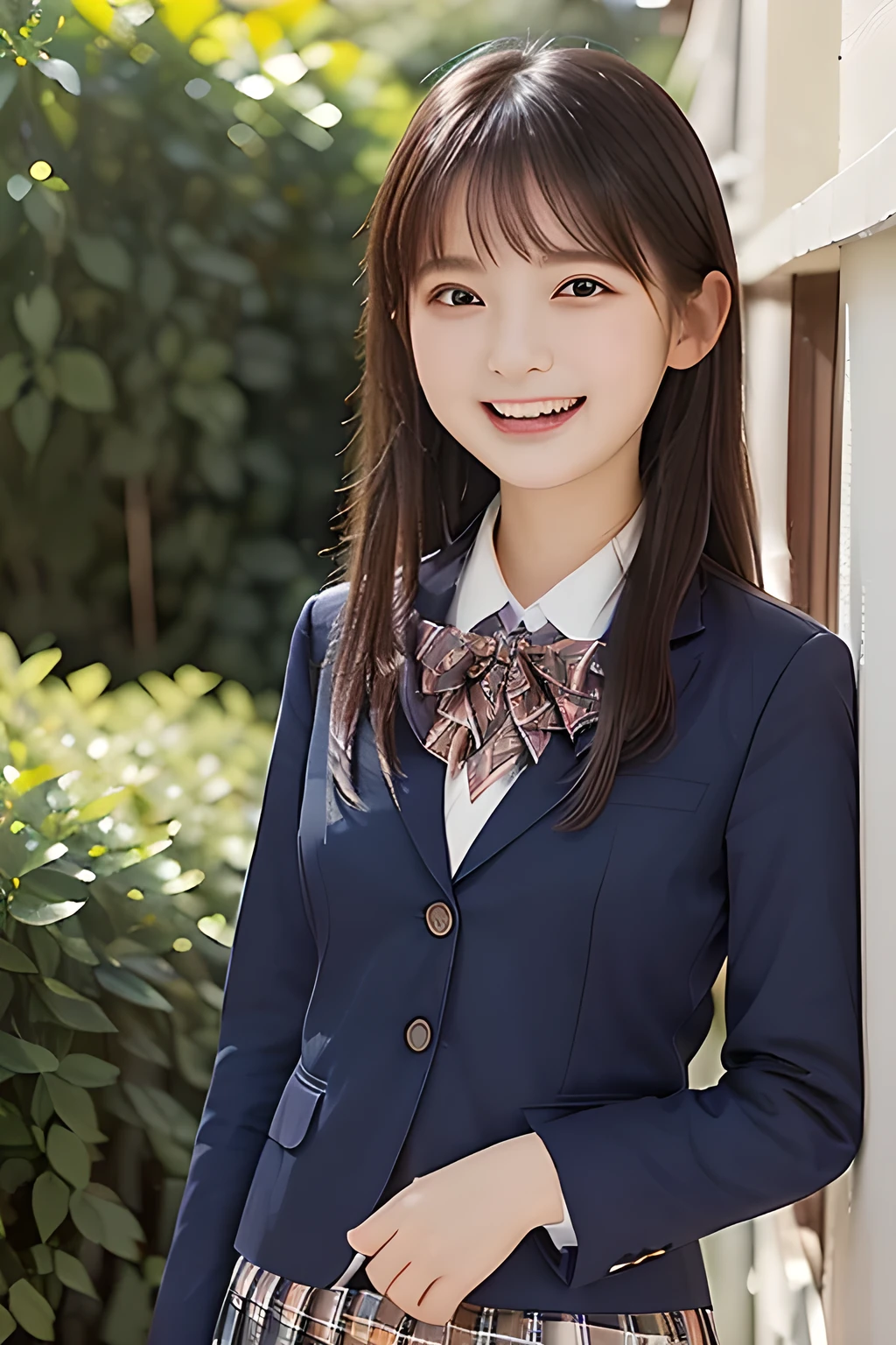 (highest quality, masterpiece, high resolution:1.2), 4K, (Photo quality well detailed white white white face: 1.2), geometry, (16 yo cute girly Japanese sensitive weak girl with very detailed graceful cute smiling face is turning to me and looking me: 1.5), Laughing cutely, (Japanese school girly navy-colored blazer uniform: 1.4), (blue dark blue blue expensive pleated checkered school skirt inside the blazer: 1.6), (big sharp breast: 1.3), (Dark red glossy school ribbon on the breast: 1.0), (Extremely laughing cheeks: 1.0), (Beautiful pretty large laughing cute cute cute childish childish laughing cutely laughing eyes with detailed and balanced well: 1.4), (Double eyelids: 1.0), (Long bottom eyelashes: 1.2), (Glossy very wet lips: 1.0), (Super-straight hair, extremely very long hair which reaches her waist: 1.3), (plain light orange-colored wall paper with cute white heart marks), (White-Orange-Colored background with many white lovely heart marks: 1.0)