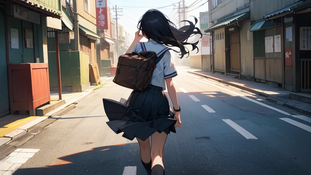 Back view of one young teenage woman running through the streets of Japan, daytime, summer, school uniform