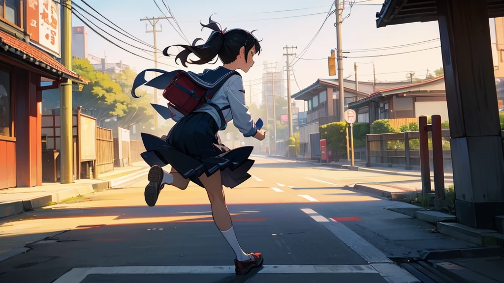 Back view of one young teenage woman running through the streets of Japan, daytime, summer, school uniform