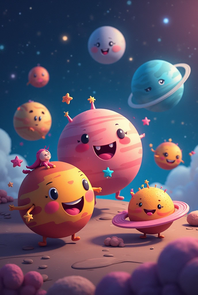 5 planets, with an expression of happiness