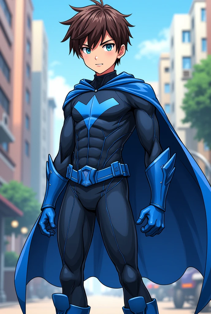 Chico, like 15 years old, of average height, straight brown hair and blue eyes, He wears navy blue superhero clothes, along with a blue layer, He also wears blue gloves and blue boots.. anime style.