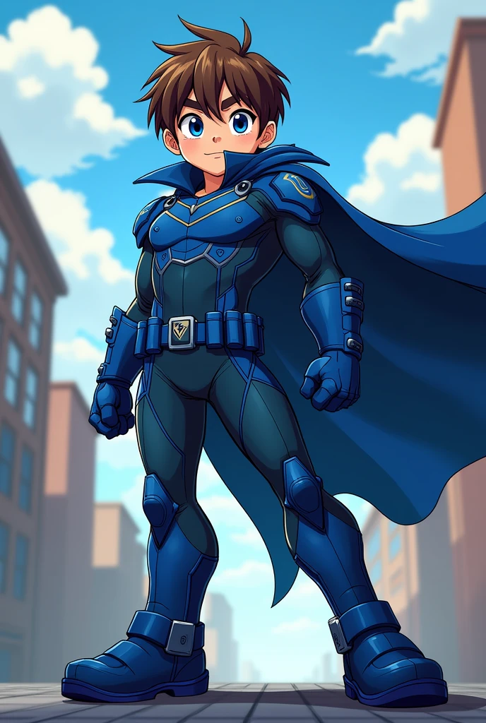 Chico, like 15 years old, of average height, straight brown hair and blue eyes, He wears navy blue superhero clothes, along with a blue layer, He also wears blue gloves and blue boots.. anime style.