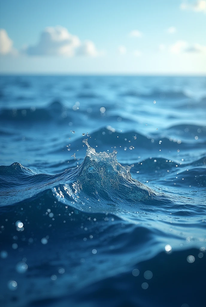 An ocean with water molecules present More water molecules in structure
