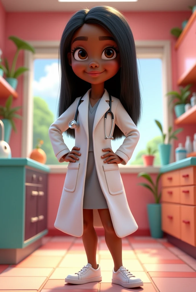Animated Pixar image black skin doctor, black straight hair parted in the middle, not so skinny flirty medical gown