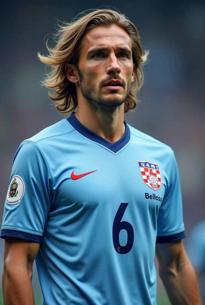 Luka Modric with a light blue shirt number 6 that says the name Belloso on the back of his shirt