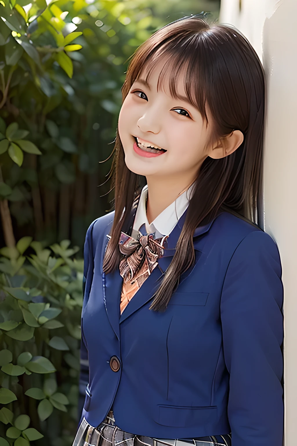 (highest quality, masterpiece, high resolution:1.2), 4K, (Photo quality well detailed white white white face: 1.2), geometry, ( yo cute girly Japanese sensitive weak girl with very detailed graceful cute smiling face is turning to me and looking me: 1.5), Laughing cutely, (Japanese school girly navy-colored blazer uniform: 1.4), (blue dark blue blue expensive pleated checkered school skirt inside the blazer: 1.6), (big sharp breast: 1.3), (Dark red glossy school ribbon on the breast: 1.0), (Extremely laughing cheeks: 1.0), (Beautiful pretty large laughing cute cute cute chh childisghing cutely laughing eyes with detailed and balanced well: 1.4), (Double eyelids: 1.0), (Long bottom eyelashes: 1.2), (Glossy very wet lips: 1.0), (Super-straight hair, extremely very long hair which reaches her waist: 1.3), (plain light orange-colored wall paper with cute white heart marks), (White-Orange-Colored background with many white lovely heart marks: 1.0)