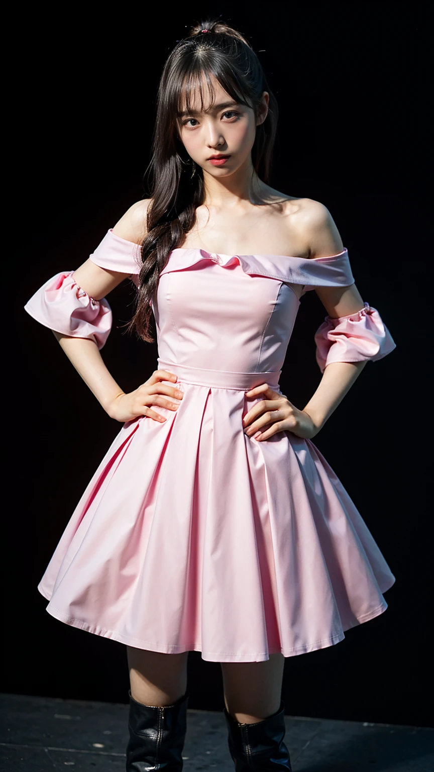 (8k、RAW Photos、Highest quality、masterpiece:1.2)、(Realistic、Realistic)、1 person、((View from the front、Looking into the camera、Black and Pink、Off the shoulder、Mini Dress、boots、ee-through、Standing with one hand on hip、Dim lighting、))、cute