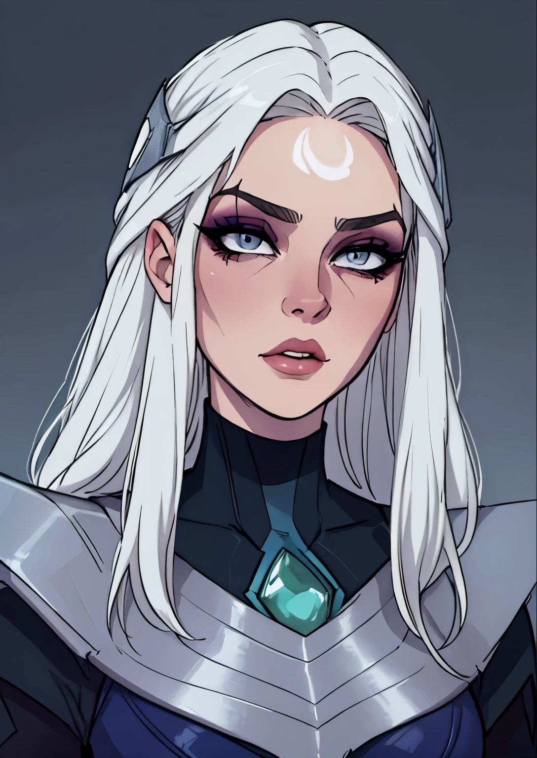 masterpiece, best quality, 1female, beautiful, face portrait, intense makeup, gray eyes, very pale skin, shy, mad, straight hair, white hair, diana \(league of legends\), deep dark makeup