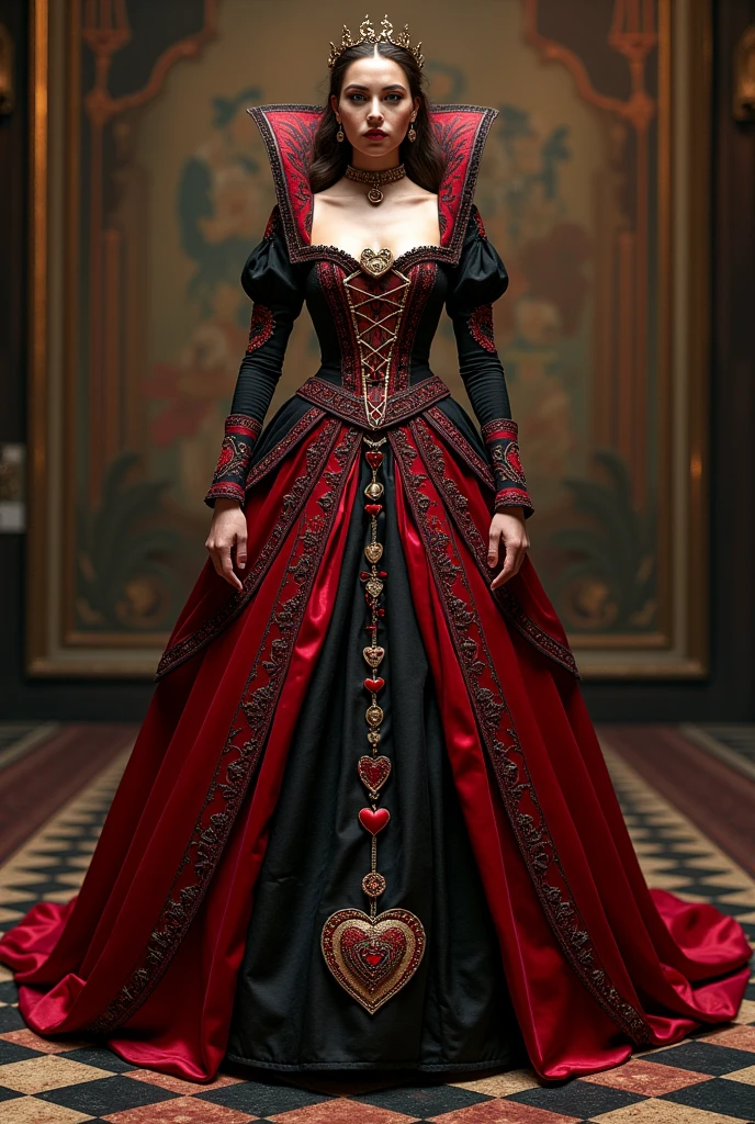 I want you to create a sketch of a dress inspired by the Queen of Hearts, with a style that mixes medieval and princess elements, suitable for a gala event. The dress will have details that refer to the theme of Alice in Wonderland, with colors characteristic of the Queen of Hearts, like red, black, white and gold and details that are simple but striking