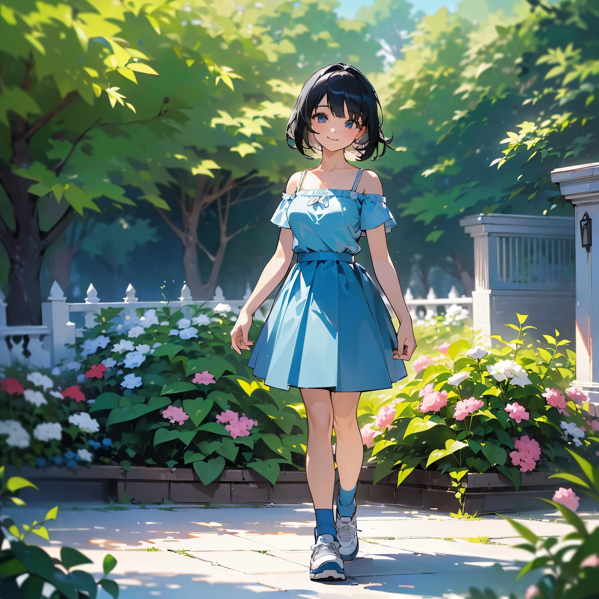 (high quality, High resolution, Very detailed, reality:1.37), Peaceful atmosphere, (Outdoor, garden), Teenage girl standing alone, (my breasts are big.), Beautiful details, Cute Smile, (Black bob hair), camisole, Blue Skirt, Blue socks, sneakers.