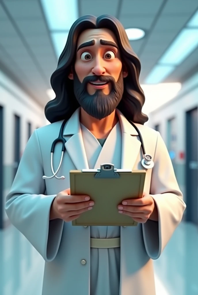 Animation of Jesus dressed as a doctor with clipboard in his hands