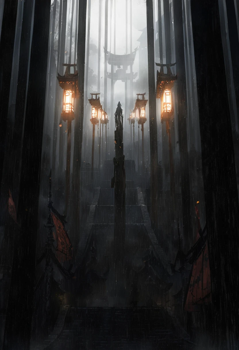japanese temple, dark lighting, gloomy, fog, shrine steps, floating orange wisps, desktop background, video game background, dramatic concept art, cinematic photograph concept art, emotional concept art, dramatic lighting. concept art, dark cinematic concept art