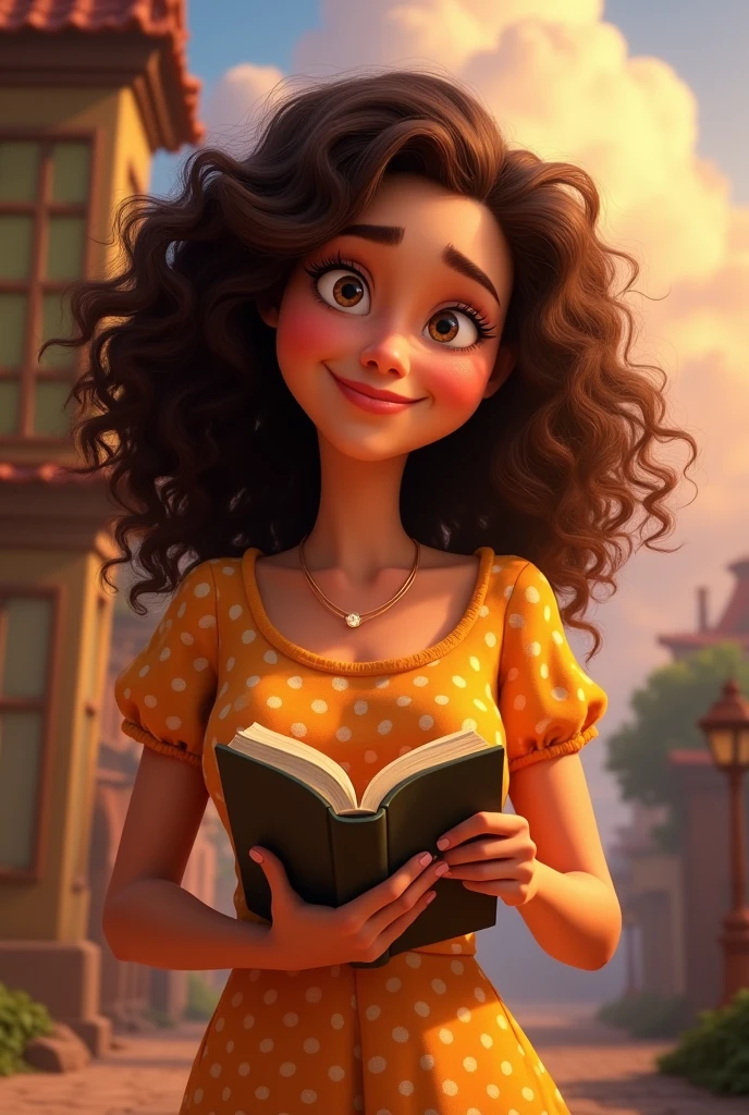 create a pixar poster with a very curly haired girl, long brown type 3B curls in length, in a black dress with white polka dots, brown eyebrows, nose a little big, smiling with a book in hand, Now do it like this but with an adult appearance, nor ser vesga