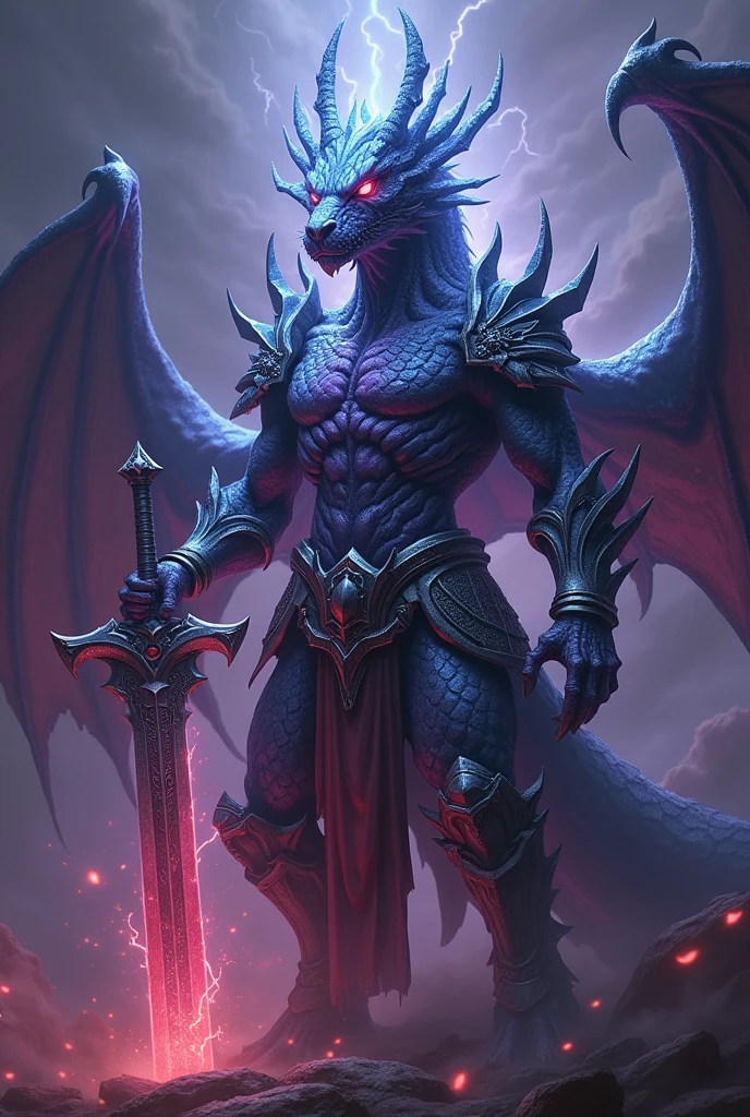 Create a terrifying version of a white crystal anthropomorphic dragon with dragon-themed paladin armor and a mystical appearance. For the scary version, emphasize darker, more intense elements of the skin. Use background, ominous colors like dark purples, black, and reds. Highlight strong tones, menacing features like fierce, shiny dragon scales, Malevolent Eyes. Add dramatic effects like stormy or fiery energy around you and make your sword look more formidable and menacing. Make sure your dragon motifs and armor look more intimidating, jagged appearance to enhance the overall frightening presence