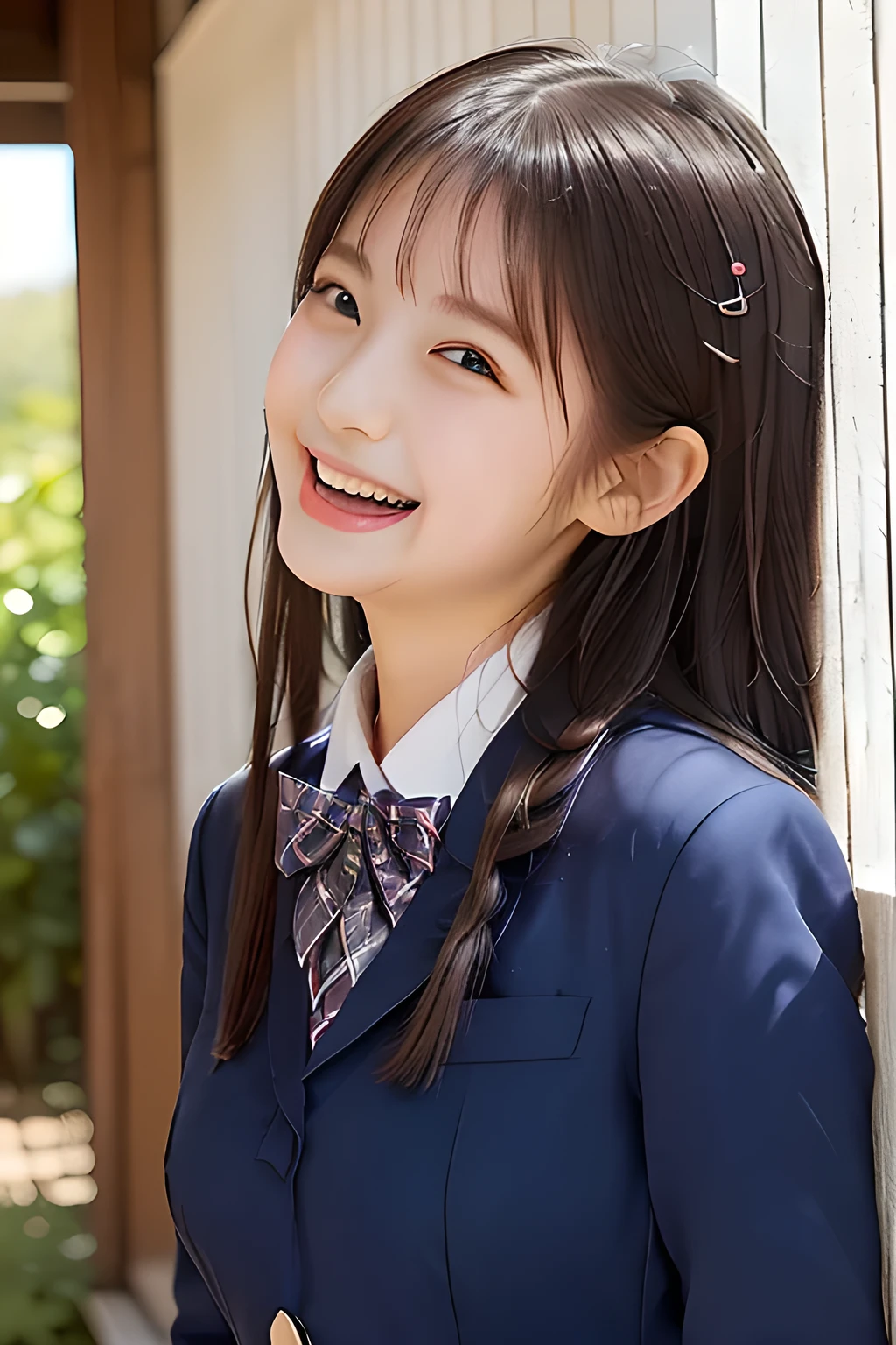 (highest quality, masterpiece, high resolution:1.2), 4K, (Photo quality well detailed white white white face: 1.2), geometry, (16 yo cute girly Japanese sensitive weak girl with very detailed graceful cute smiling face is turning to me and looking me: 1.5), Laughing cutely, (Japanese school girly navy-colored blazer uniform: 1.4), (blue dark blue blue expensive pleated checkered school skirt inside the blazer: 1.6), (big sharp breast: 1.3), (Dark red glossy school ribbon on the breast: 1.0), (Extremely laughing cheeks: 1.0), (Beautiful pretty large laughing cute cute cute childish childish laughing cutely laughing eyes with detailed and balanced well: 1.4), (Double eyelids: 1.0), (Long bottom eyelashes: 1.2), (Glossy very wet lips: 1.0), (Super-straight hair, extremely very long hair which reaches her waist: 1.3), (plain light orange-colored wall paper with cute white heart marks), (White-Orange-Colored background with many white lovely heart marks: 1.0)