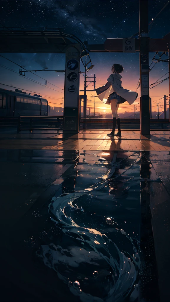 high high quality， tmasterpiece ，1 sister,Lower bust，ssmile，(The shirt:1.5),(Wearing mini skirt:1.2),cabelos preto e longo-trimmed hooded long coat，scenecy，Anime train passing through bodies of water on tracks， Glittering starry sky。Romantic train，pixiv，concept-art，Lofi art style，Reflectory makoto shinkai, lofi art, beautiful anime scenes, Anime landscapes, Detailed scenery —width 672, in style of makoto shinkai, style of makoto shinkai，Detail enhancement。