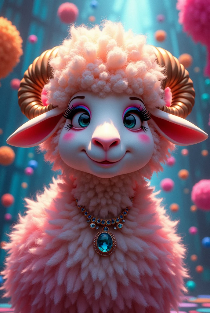 Drag queen sheep with 80s pixar hairstyle