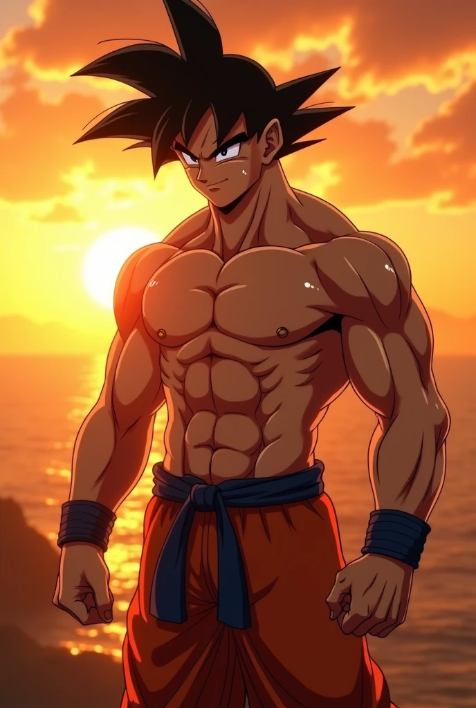 (NSFW:1.5), Goku nu gozando, big penis, sunset light, contrasting shadows, high-quality textures, shining skin, venous outgoing muscles, sweaty body.