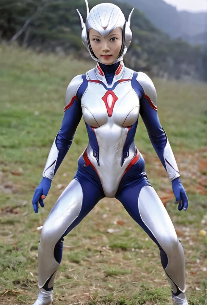 An alien with a silver body and red lines､Female Ultraman、Large milky white eyes