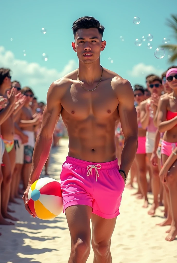 A handsome young man with a beautiful, thin, white face, fair and smooth skin, shirtless, wearing a pink swimsuit, short black hair, on a catwalk at a men's beach party, holding a beach ball in his hand, the audience applauding and celebrating with bubbles. A tall, thin, white, shirtless man.