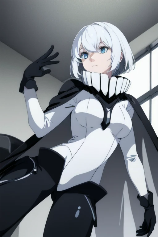 wo-class aircraft carrier, gloves, breasts, hair, 1girl, short hair, white hair, solo, white skin, black gloves, bodysuit, blue eyes, black cape, leather pants, room, from below, Masterpiece, Best Quality, 