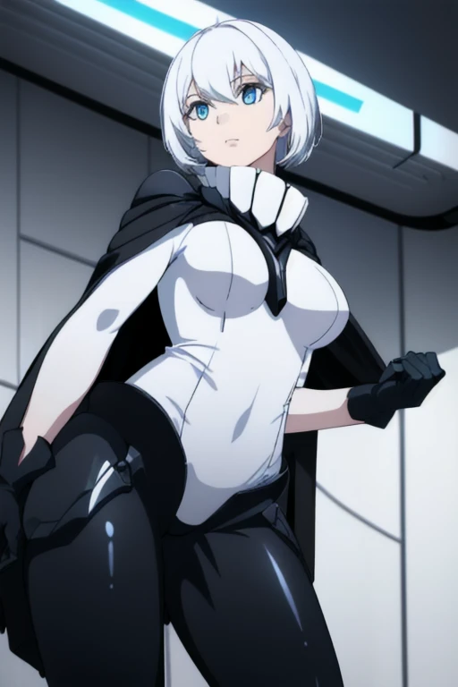 wo-class aircraft carrier, gloves, breasts, hair, 1girl, short hair, white hair, solo, white skin, black gloves, bodysuit, blue eyes, black cape, leather pants, room, from below, Masterpiece, Best Quality,
