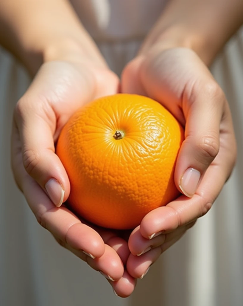 hands holding an orange, daylight, Bright day