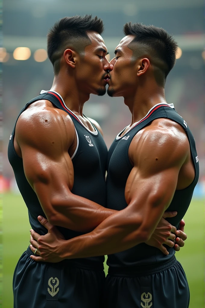 Asian young rugby player A and Asian rugby player B。A has a buzz cut and dark skin、Muscular。Wearing sleeveless rugby uniforms。B has short hair and is a muscular jock。A and B kissed after a rugby match.、Touching each other's crotches