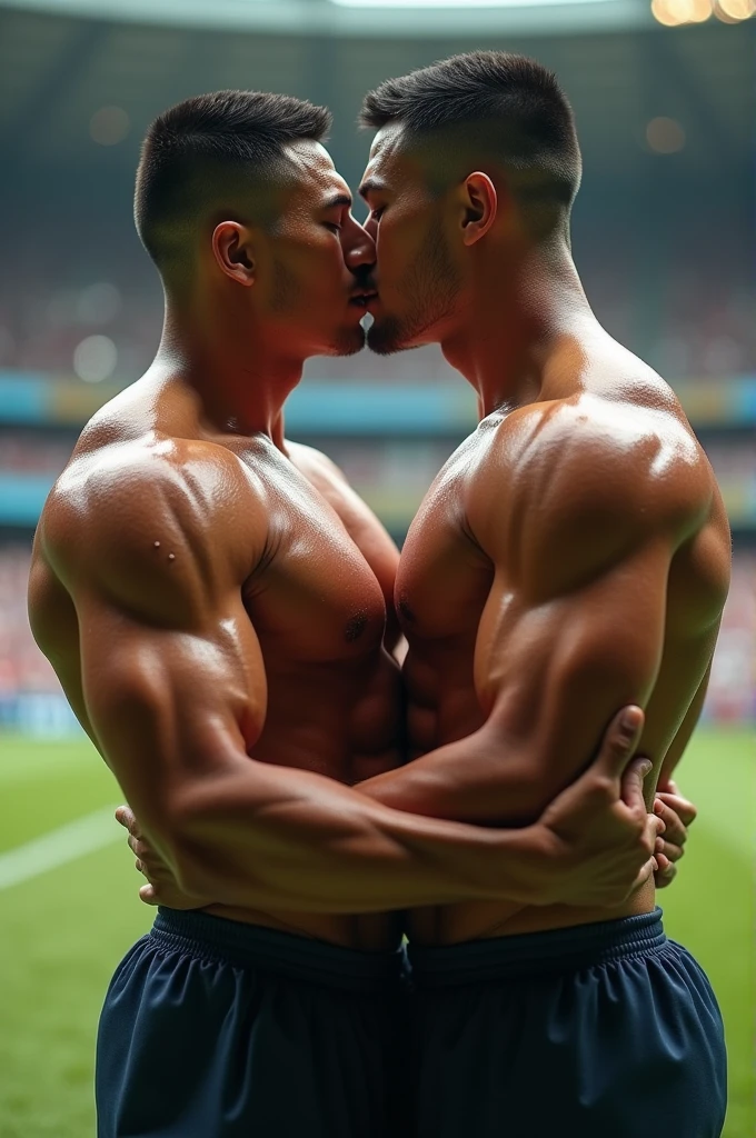 Asian young rugby player A and Asian rugby player B。A has a buzz cut and dark skin、Muscular。Wearing sleeveless rugby uniforms。B has short hair and is a muscular jock。A and B kissed after a rugby match.、Touching each other's crotches