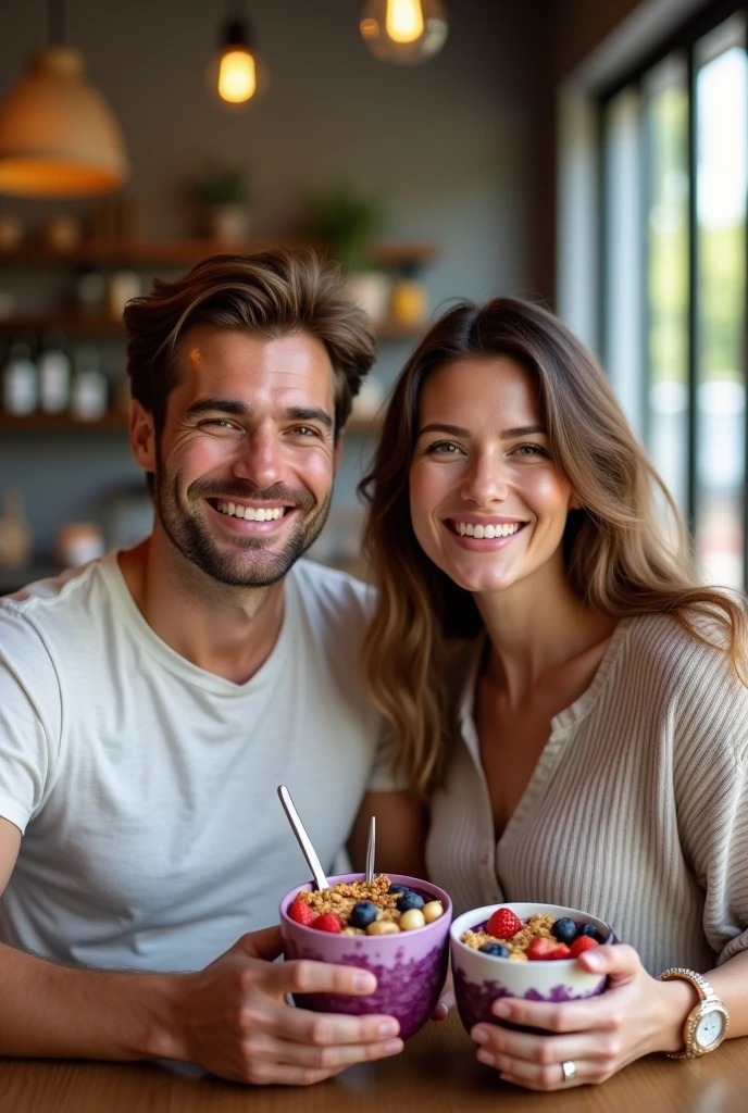 Realistic man and wife 25-35 years old, At the acai shop ,brown hair eating acai , with friends Ultra HD, high qualiy, best qualityer, high resolution, 8k, 16K