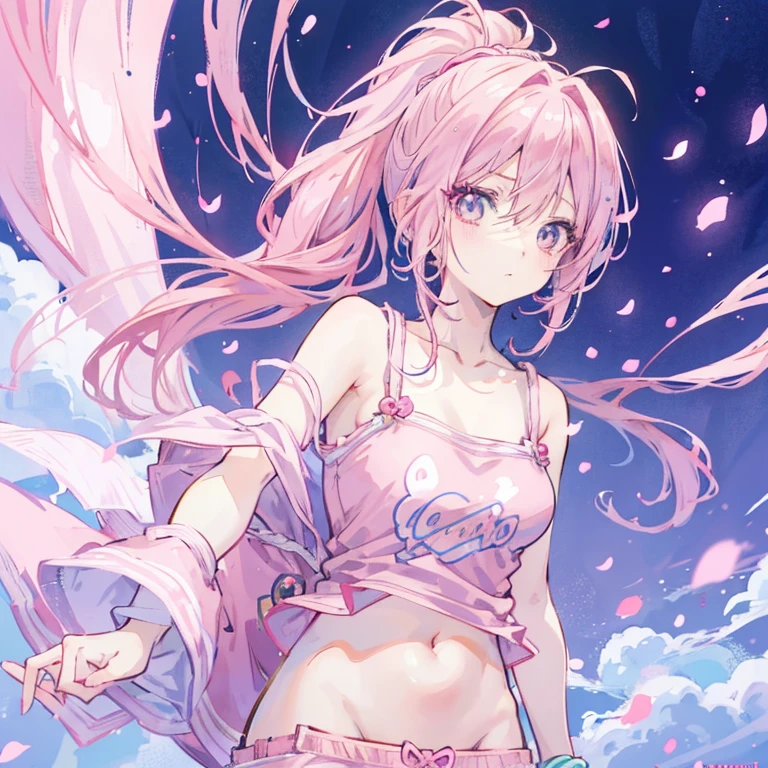 anime girl with pink hair and a pink top and blue shorts, Pink ponytail hair and cyan eyes, Smooth anime CG art, seductive anime girl, anime grandma, anime girl, Humanoid pink female squid girl, Sakura Haruno, Anime visuals of cute girls, ecchi anime style, cute anime girl, kawaii realistic portrait, pretty anime girl