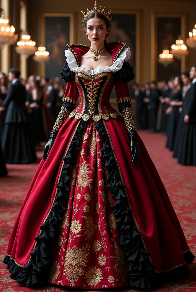 I want you to create a sketch of a dress inspired by the Queen of Hearts, with a style that mixes medieval and princess elements, suitable for a gala event. The dress will have details that refer to the theme of Alice in Wonderland, with colors characteristic of the Queen of Hearts, like red, black, white and gold and details that are simple but striking