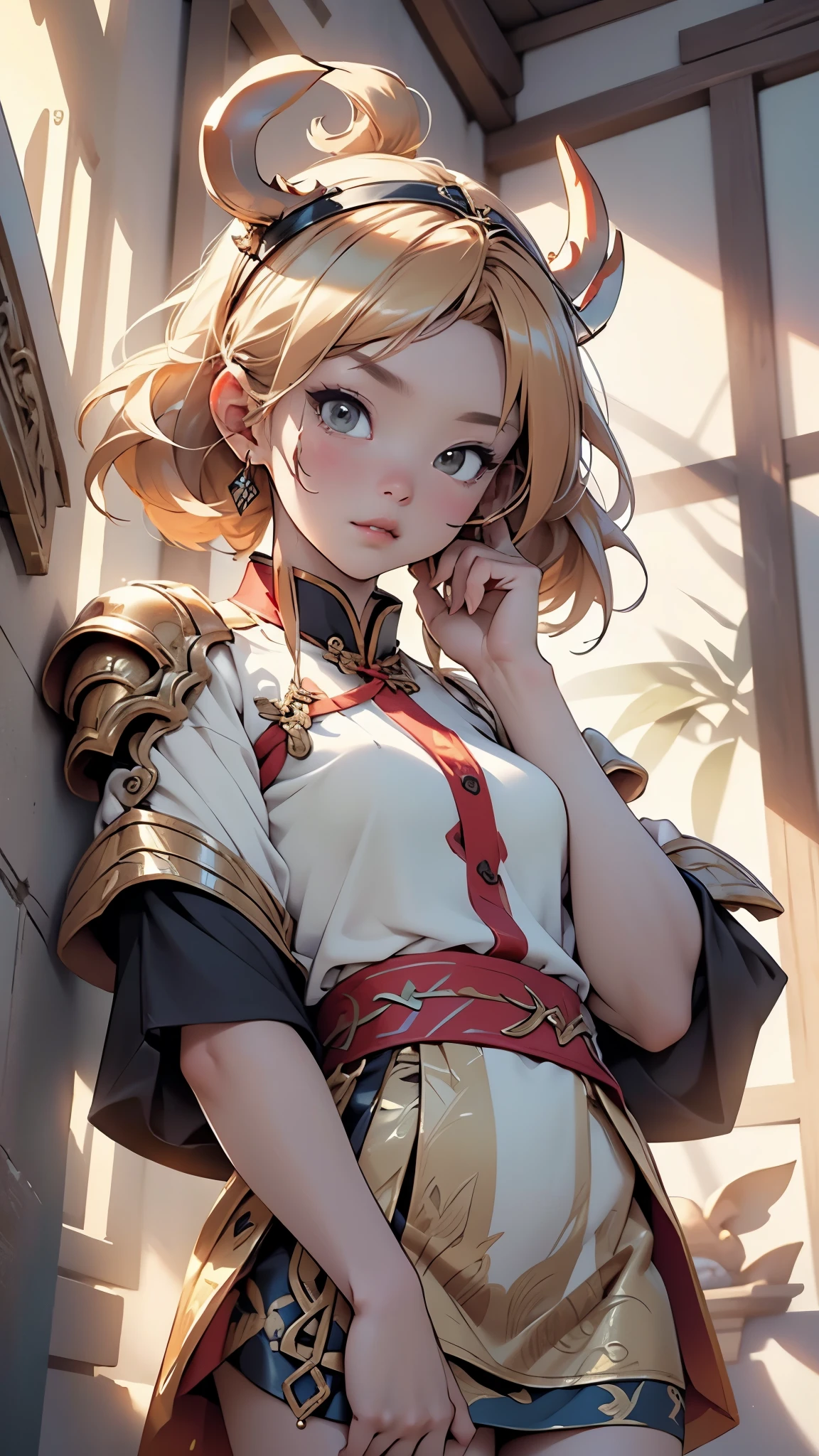 Sun Wukong, ([golden:red]:0.4) fur, ([heavy Chinese armor:red cape]:0.4), ([monkey king|Sun Wukong]) 

wearing golden chainmail armor, wearing a golden metal headband with feathers, silk shirt under armor, wearing skin kilt, silk shirt under armor, skin skirt,(tiny bulge on skirt),

(dynamic pose:1.0),(centered,scale to fit dimensions,Rule of thirds),

inside,indoor,((kunlun,palace in china, palace in china background)),scenery:1.25,((intricate scenery)),(huge columns of an china palace),china style,

(Glossy chinese ornaments),highres,sharp focus,(ultra detailed,extremely detailed),(photorealistic artwork:1.37),(extremely detailed CG unity 8k wallpaper),(((vibrant colors,vibrant theme))),(intricate),(masterpiece),(best quality),artistic photography,(photography taken by sldr),(intricate background),perfect rendered face,perfect face details,realistic face,photo realistic,((intricate detail)),(((realism))),
