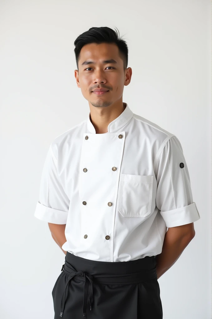 Real one Pinoy man handsome with chef outfit white . Standing white background