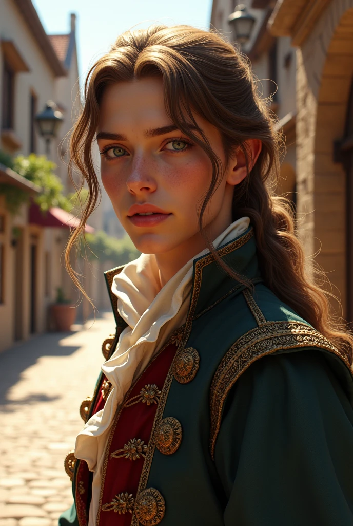 best qualityer (absurderes, details Intricate, work of art, best qualityer, high resolution, 8k), (male teenager with long light brown hair) (真实感), (musketeer clothes), (seducing gaze), (fully body) )details Intricate, face detailed, volumetric lighting, bright sunny, plein-air, medieval streets