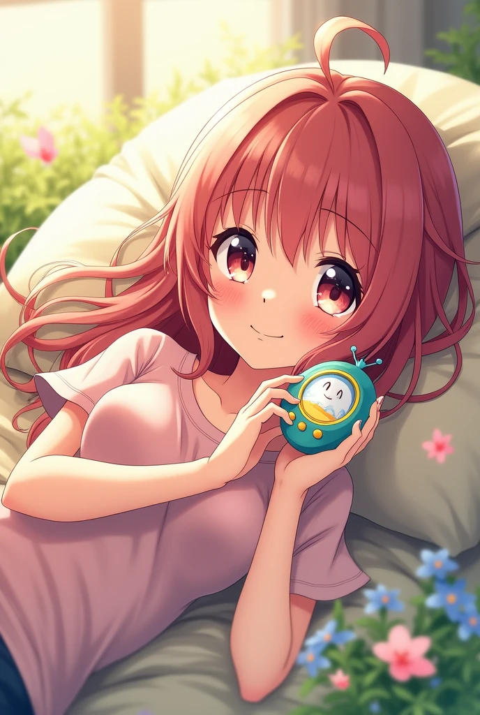 cute hd anime woman laying on her back with a tamagatchi put in her hands smiling at it with a nice background