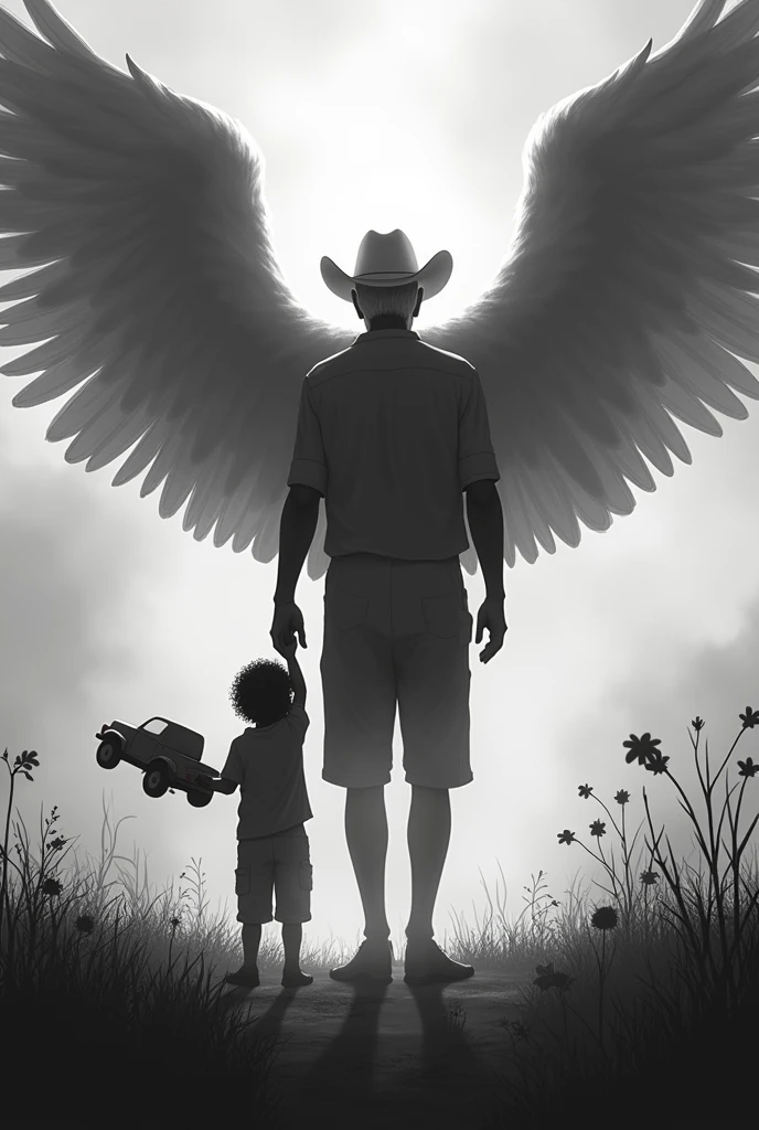 black and white silhouette, 7 year old boy, dark brown curly hair, He has a wooden truck in his hand. He takes his dad's hand, 70 years old, short hair, with a white cattle hat. Dad is levitating into the sky. The dad is an angel with wings like an angel. Dad and son stand with their backs turned looking towards the horizon., dark fantasy